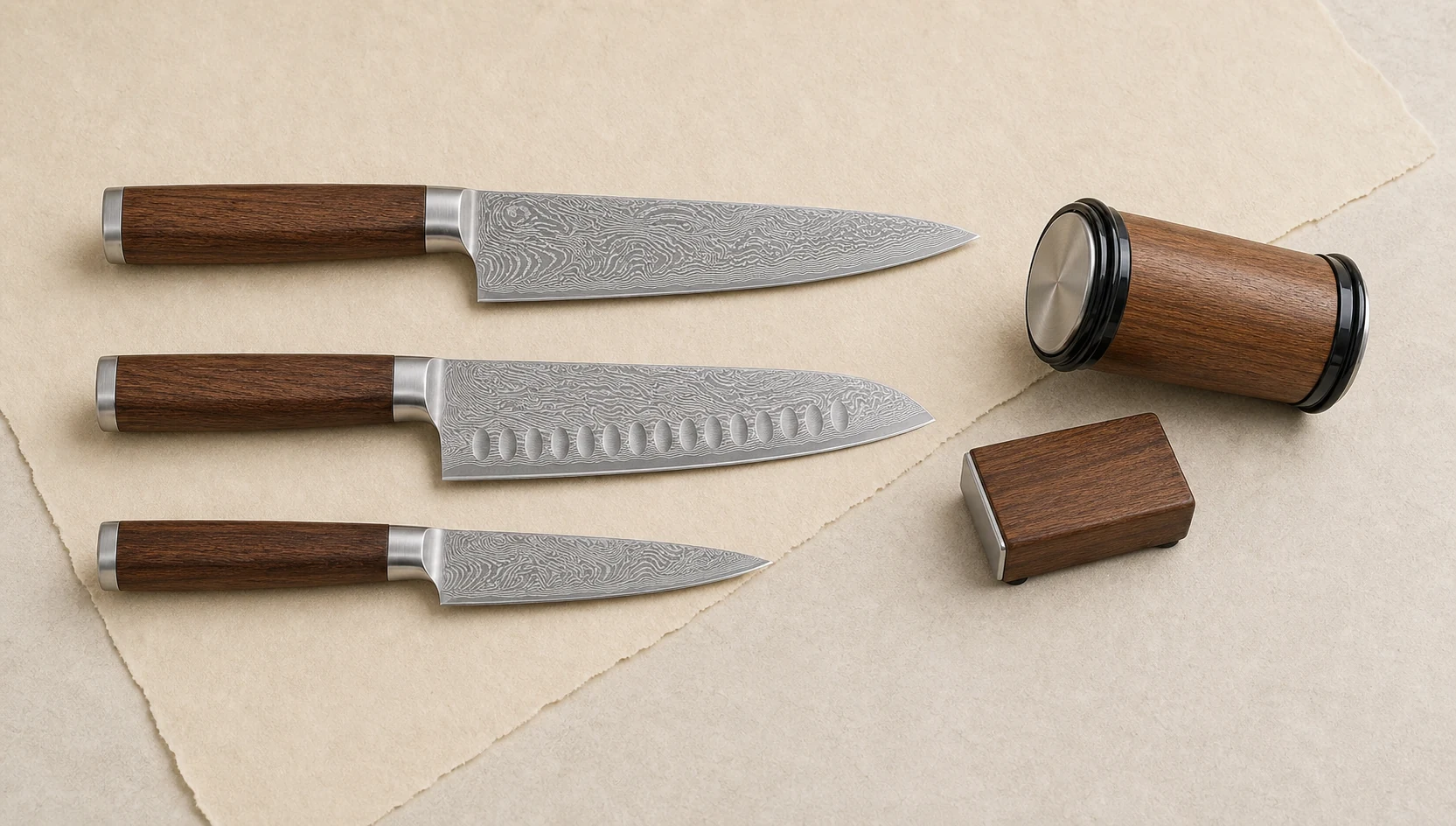 Complete KOTO set with three full walnut-handle knives and Togi stone sharpener